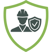 Symbol eines Bauherren mit Schutzhelm und Schild in einem grünen Wappensymbol.