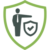 Symbol eines Mannes, der auf ein Schild zeigt, das ein Häkchen darstellt, in einem grünen Schildrahmen.