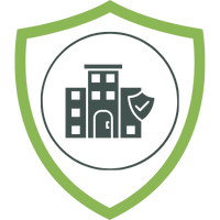 Symbol eines Schutzschildes mit einem Gebäude und einer Hand, das Sicherheit und Schutz darstellt.