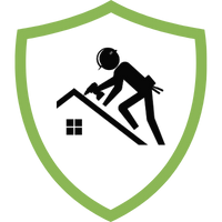 Logo eines Dachdeckers mit einem Handwerker, der auf einem Dach arbeitet, umgeben von einem grünen Schild.