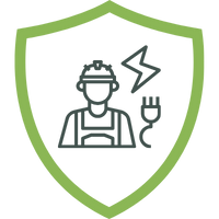 Symbol eines Elektrikers in einem Schild mit Blitz und Werkzeug in der Hand.