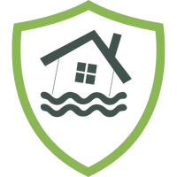 Logo einer Elementarversicherung mit einem Haus und Wellen in einem grünen Schild.