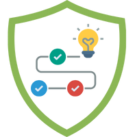 Grafik mit einem Schild, das einen geschützten Prozess darstellt, einschließlich einer Glühbirne und farbigen Kreisen.
