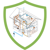 Technische Darstellung eines Gebäudes mit Rohrleitungen und Systemen für Heizung, Wasser und Elektrik.