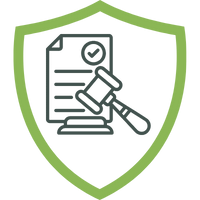 Symbol eines Schildes mit einem Dokument und einem Schlüssel, das rechtliche Aspekte darstellt.