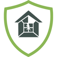 Symbol einer Glasbruchversicherung mit einem Haus und einem Schutzschild in grün und grau.