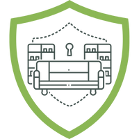 Symbol eines Schildes mit einem Schloss und zwei Möbelstücken, das Sicherheit und Schutz darstellt.