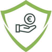 Symbol eines Schutzschildes mit einer Hand, die eine Euro-Münze hält, dargestellt in einem minimalistischen Design.
