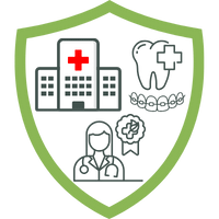 Grafik eines Schildes mit einem Krankenhaus, einem Arzt und einem Patienten, symbolisiert Krankenzusatzversicherung.