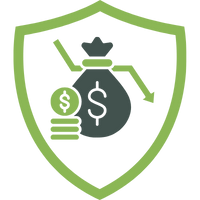 Grafik eines Schildes mit einem Geldsack und einem Diagramm, das einen Rückgang zeigt.