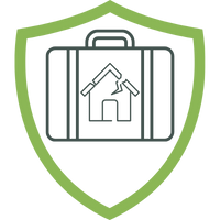 Symbol eines Schutzschildes mit einem Koffer und einem Haus-Icon, das Mietnomadenversicherung darstellt.
