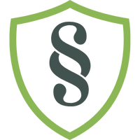 Grünes Schild mit einem stilisierten Paragraphenzeichen in der Mitte, das rechtliche Aspekte symbolisiert.