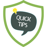 Schild mit der Aufschrift 'QUICK TIPS' in einer Sprechblase, umgeben von einem grünen Schild.