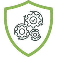 Grafisches Symbol eines Schildes mit drei stilisierten Zahnrädern in der Mitte, das Schutz und Sicherheit darstellt.