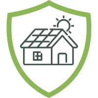 Symbol eines Hauses mit Solarpanelen und Sonne, umgeben von einem grünen Schild.