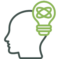 Grafik eines Kopfes mit einer Glühbirne, die Ideen und Kreativität symbolisiert.