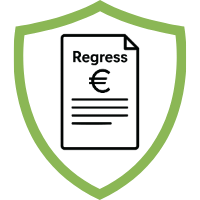 Symbol einer Regressversicherung mit einem Dokument und Euro-Zeichen in einem Schild.