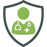 Symbol eines Arztes in einem Schutzschild, dargestellt in grüner Farbe mit Stethoskop und medizinischem Kreuz.