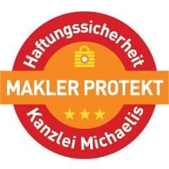 Cyberversicherung Ein kreisförmiges Abzeichen mit rotem Hintergrund und orangefarbenem Band trägt die Aufschrift Haftungssicherheit Kanzlei Michaelis und MAKLER PROTEKT, wobei die Cyber-Versicherung in weißer und orangefarbener Schrift hervorgehoben wird, mit einem Vorhängeschloss-Symbol und drei Sternen in der Mitte. Schützen Sie Ihre IT vor Cyberangriffen mit einer Cyberversicherung
