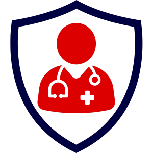 Rotes Symbol eines Arztes mit Stethoskop in einem blauen Schild.