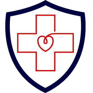 Rotes Kreuzsymbol mit einem Herz in der Mitte, umgeben von einem blauen Schild.