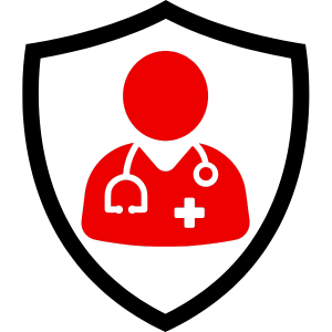 Rotes Icon eines Arztes mit Stethoskop und Kreuzsymbol auf der Brust.