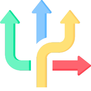 Grafik mit mehreren Pfeilen in Grün, Blau, Gelb und Rot, die in unterschiedliche Richtungen zeigen.