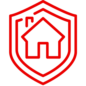 Rotes Symbol einer Wohngebäudeversicherung, das ein Haus in einem Schild darstellt.
