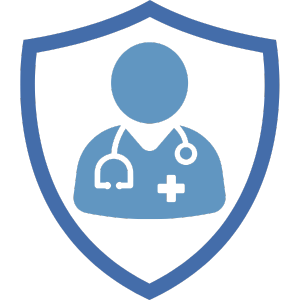 Symbol eines Arztes in einem blauen Schild mit Stethoskop und Kreuz, das medizinische Dienstleistungen darstellt.