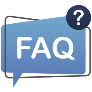 Sprechblase mit dem Text 'FAQ' und einem Fragezeichen in einem blauen Design.