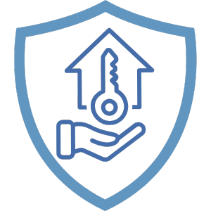 Symbol eines Schutzschildes mit einem Schlüssel und einem Haus, das eine Vermieterversicherung darstellt.