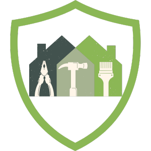 Logo einer Handwerkerversicherung mit einem Schild, das Werkzeuge und Häuser darstellt.
