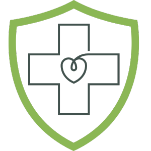 Grünes Schild mit einem Kreuz und einem Herzsymbol, das für Gesundheits- und Versicherungsdienstleistungen steht.