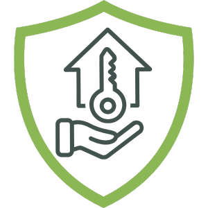 Symbol einer Vermieterversicherung mit einem Schlüssel und einem Haus in einem Schild-Design.