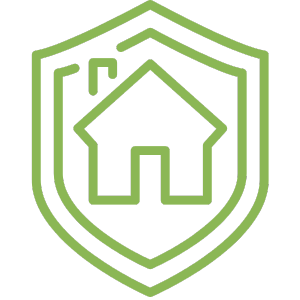 Grünes Symbol eines Hauses in einem Schutzschild, das Wohngebäudeversicherung darstellt.