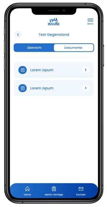 Smartphone zeigt die Benutzeroberfläche der My Insure App mit Dokumentenansicht.