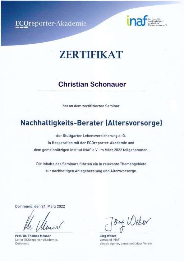 Zertifikat für Nachhaltigkeits-Berater mit Angaben zu Seminar und Teilnehmer.