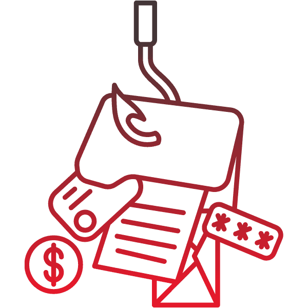 Grafik eines Phishing-Symbols mit einer Kreditkarte, Geld und Dokumenten auf rotem Hintergrund.