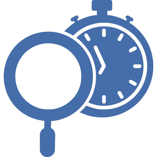 Symbol für Arbeitszeiterfassung mit einer Uhr und einer Lupe in blauer Farbe.