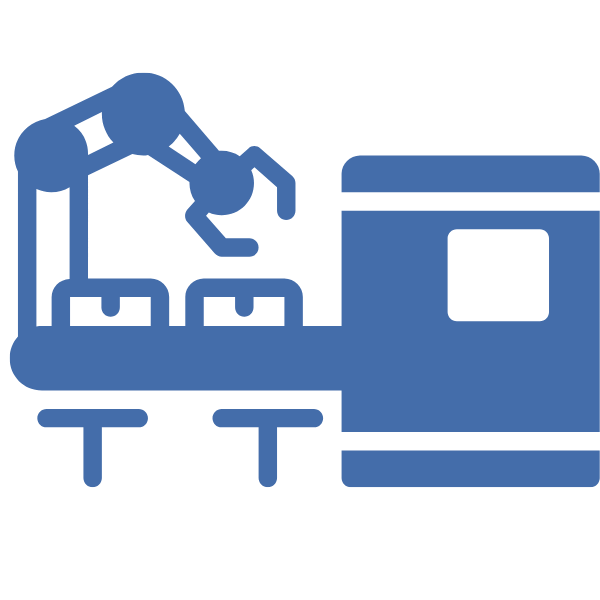 Symbol für Betriebsmittelfinanzierung mit einem Kran und einem Container in blauer Farbe.