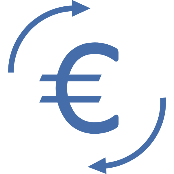 Symbol eines Euro-Zeichens mit zwei Pfeilen, die in entgegengesetzte Richtungen zeigen.