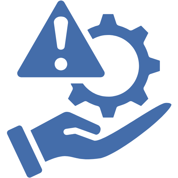 Symbol für Geschäftsrisiken mit einem Schild und einem Zahnrad in blauer Farbe.