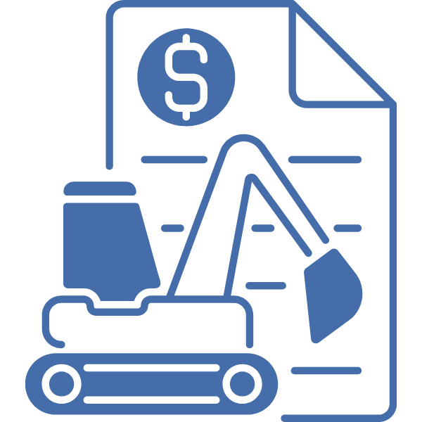 Symbol für Leasing mit einem Bagger und einem Geldzeichen auf einem Dokument.