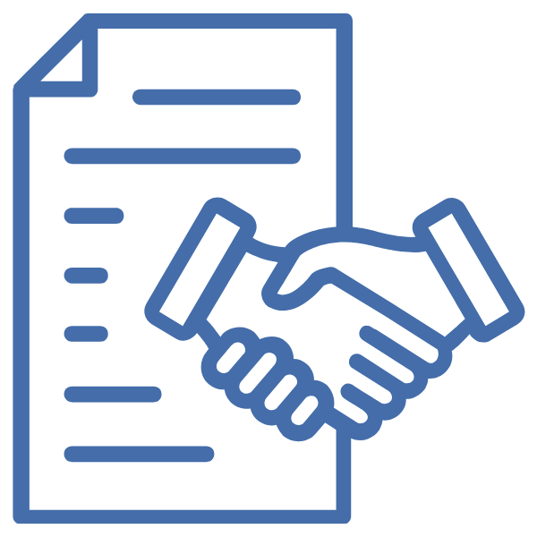 Grafik eines Dokuments mit einer Hand, die einen Handschlag darstellt, symbolisiert rechtliche Vereinbarungen.