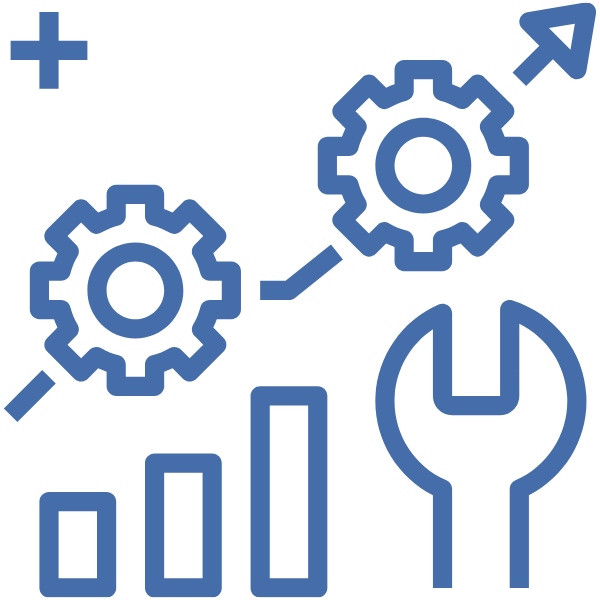 Grafik mit Zahnrädern, einem Werkzeug und Diagramm-Symbolen in blauer Farbe.