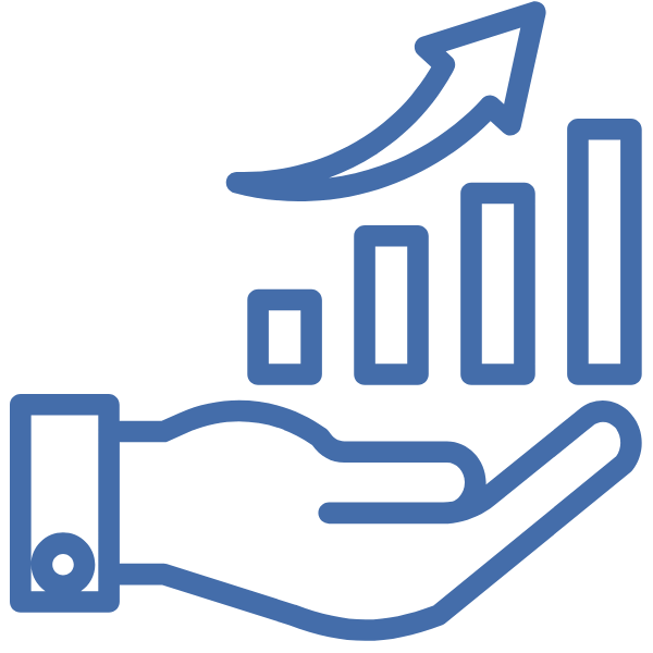 Symbol für Wachstumsfinanzierung mit verschiedenen Diagrammen und Grafiken in Blau.