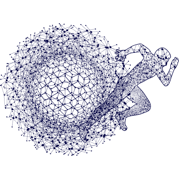Grafik eines laufenden menschlichen Silhouetten-Icons, umgeben von einem Netzwerk aus geometrischen Formen.