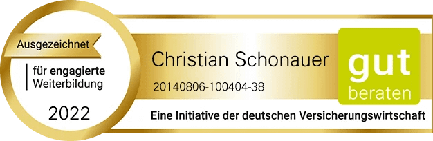 Goldenes Siegel mit Rundform, Aufschrift gut beraten und Anerkennung für Christian Schonauer, Auszeichnung 2022, Zertifikat im Kontext von Versicherungsberatung