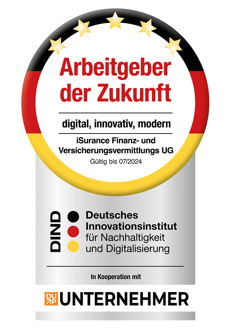 Siegel mit dem Text 'Arbeitgeber der Zukunft' und Logos des Deutschen Innovationsinstituts und DUP UNTERNEHMER.