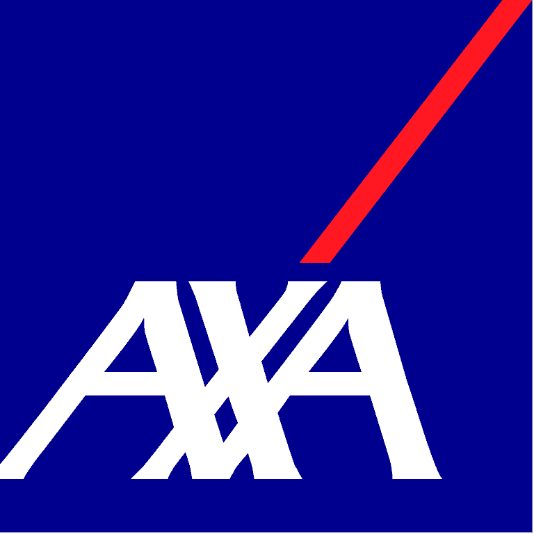 Logo von AXA in blauem Hintergrund mit rotem diagonalen Strich und weißem Schriftzug.